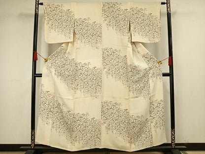 平和屋着物▽上質な小紋　単衣　手描き　草花文　正絹　逸品　AAAW1555fy