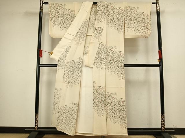 平和屋着物▽上質な小紋　単衣　手描き　草花文　正絹　逸品　AAAW1555fy