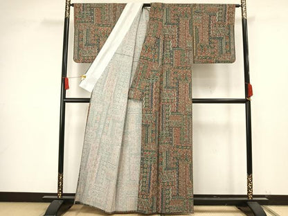 平和屋着物▽上質な小紋 単衣 更紗花文 正絹 逸品 AAAW1556fy