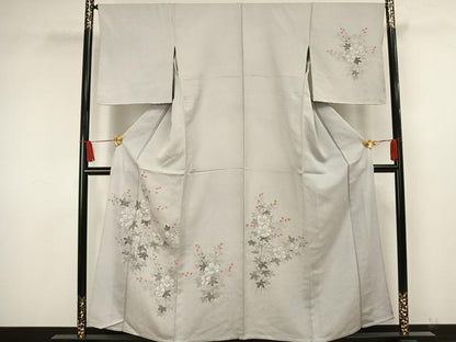 平和屋着物▽訪問着 単衣 手描き 刺繍 草花文 正絹 逸品 AAAW1560fy