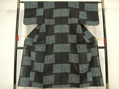 平和屋着物▽小紋 単衣 絞り 幾何学文様 黒地 AAAW1570fy