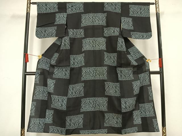 平和屋着物▽小紋 単衣 絞り 幾何学文様 黒地 AAAW1570fy