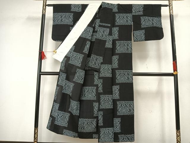 平和屋着物▽小紋 単衣 絞り 幾何学文様 黒地 AAAW1570fy