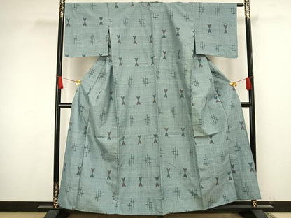 平和屋着物▽上質な紬　単衣　幾何学文様　正絹　逸品　AAAW1573fy