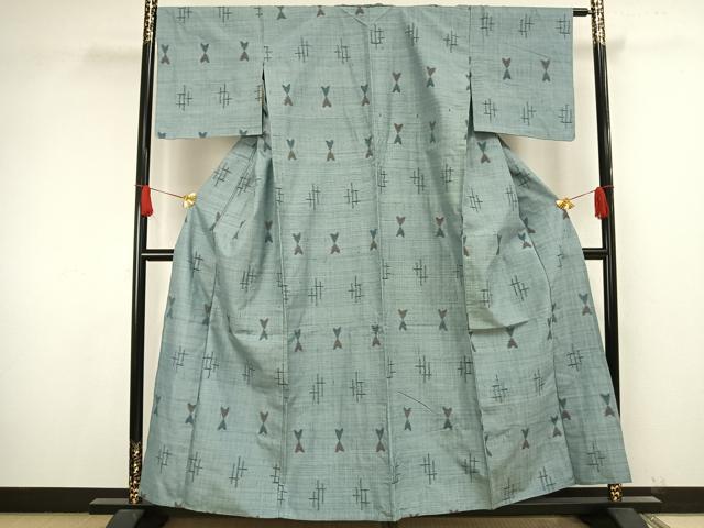 平和屋着物▽上質な紬　単衣　幾何学文様　正絹　逸品　AAAW1573fy