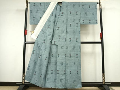 平和屋着物▽上質な紬　単衣　幾何学文様　正絹　逸品　AAAW1573fy