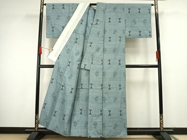 平和屋着物▽上質な紬　単衣　幾何学文様　正絹　逸品　AAAW1573fy