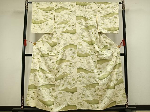 平和屋着物▽上質な小紋 単衣 風景草花文 金銀彩 正絹 逸品 AAAW1574fy