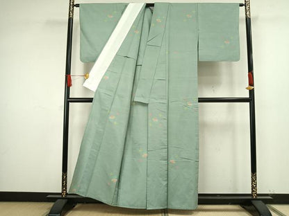平和屋着物▽上質な紬 単衣 草花文 正絹 逸品 AAAW1584fy