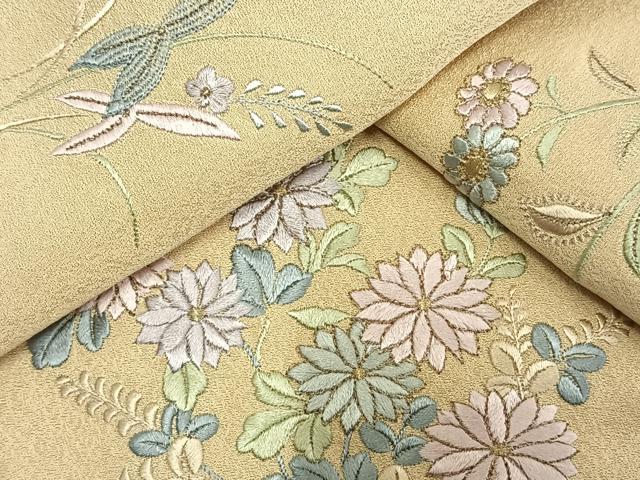 平和屋着物▽訪問着 単衣 総刺繍 草花文 金糸 正絹 逸品 AAAW1587fy