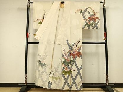 平和屋着物▽訪問着　単衣　草花文　金彩　正絹　逸品　AAAW1592fy