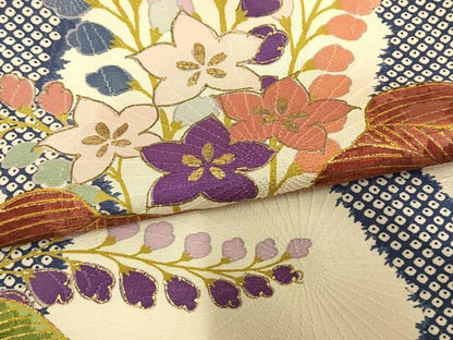平和屋着物▽訪問着　単衣　草花文　金彩　正絹　逸品　AAAW1592fy