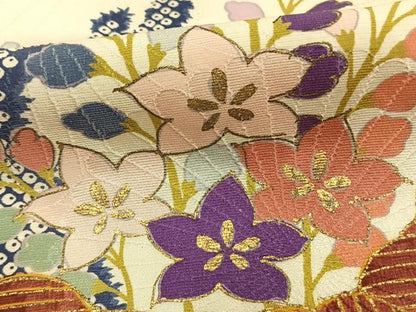 平和屋着物▽訪問着　単衣　草花文　金彩　正絹　逸品　AAAW1592fy