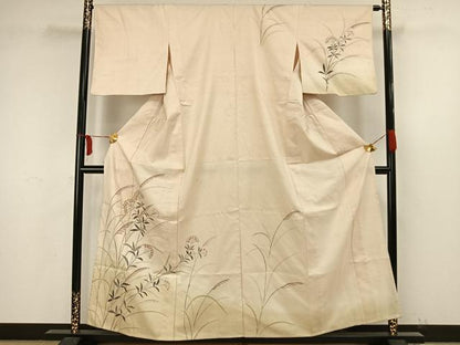 平和屋着物▽訪問着 単衣 紬地 草花文 金彩 正絹 逸品 AAAW1596fy