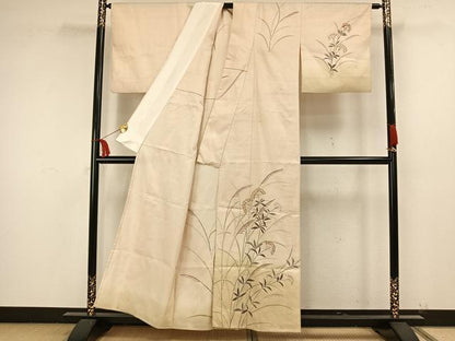 平和屋着物▽訪問着 単衣 紬地 草花文 金彩 正絹 逸品 AAAW1596fy