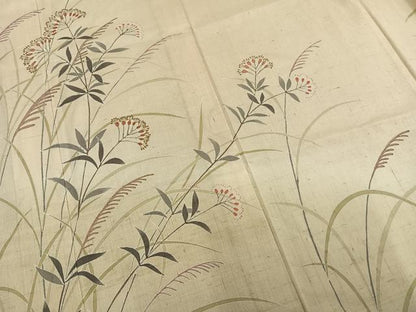 平和屋着物▽訪問着 単衣 紬地 草花文 金彩 正絹 逸品 AAAW1596fy