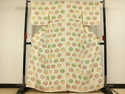 平和屋着物▽上質な小紋 単衣 草花文 鬼しぼ縮緬 正絹 逸品 AAAW1605fy