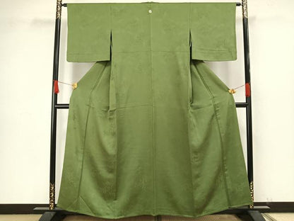 平和屋着物▽上質な色無地　単衣　草葉地紋　草色　正絹　逸品　AAAW1608fy