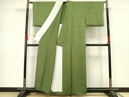 平和屋着物▽上質な色無地　単衣　草葉地紋　草色　正絹　逸品　AAAW1608fy
