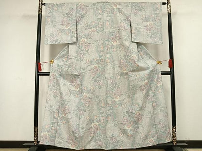 平和屋着物▽小千谷紬 単衣 草花文 正絹 逸品 AAAW1612fy