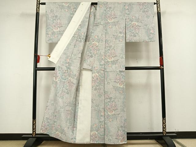 平和屋着物▽小千谷紬 単衣 草花文 正絹 逸品 AAAW1612fy