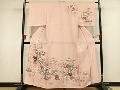 平和屋着物▽訪問着　単衣　御所車草花文　正絹　逸品　未使用　AAAW1619fy