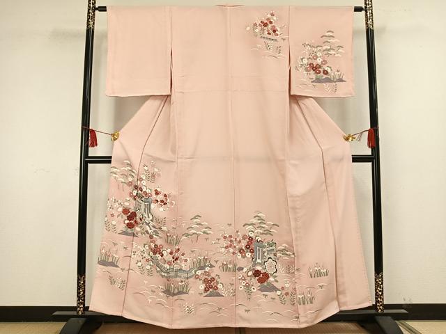 平和屋着物▽訪問着　単衣　御所車草花文　正絹　逸品　未使用　AAAW1619fy
