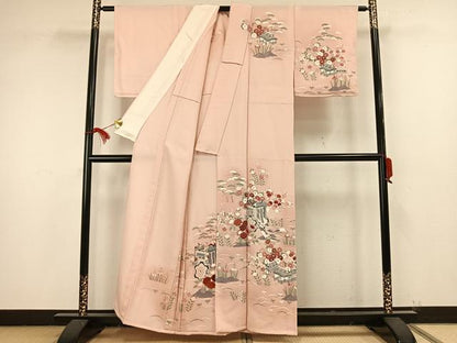 平和屋着物▽訪問着　単衣　御所車草花文　正絹　逸品　未使用　AAAW1619fy