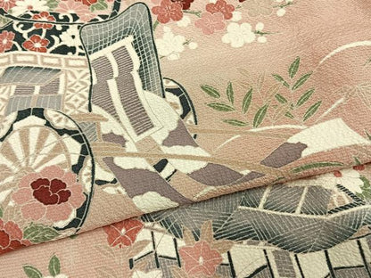 平和屋着物▽訪問着　単衣　御所車草花文　正絹　逸品　未使用　AAAW1619fy