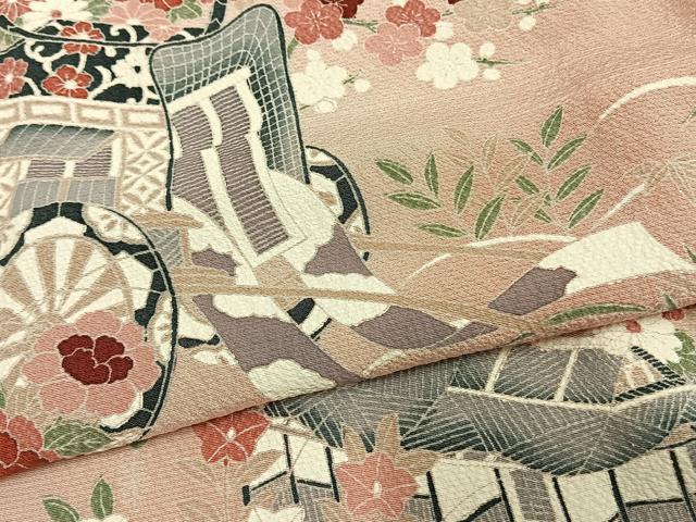 平和屋着物▽訪問着　単衣　御所車草花文　正絹　逸品　未使用　AAAW1619fy