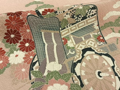 平和屋着物▽訪問着　単衣　御所車草花文　正絹　逸品　未使用　AAAW1619fy
