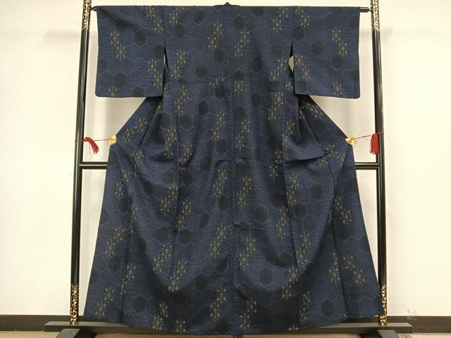 平和屋着物▽お召 単衣 亀甲文様 正絹 逸品 AAAW1620fy
