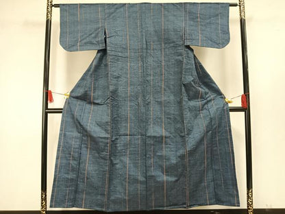 平和屋着物▽上質な紬 単衣 縞 正絹 逸品 AAAW1621fy