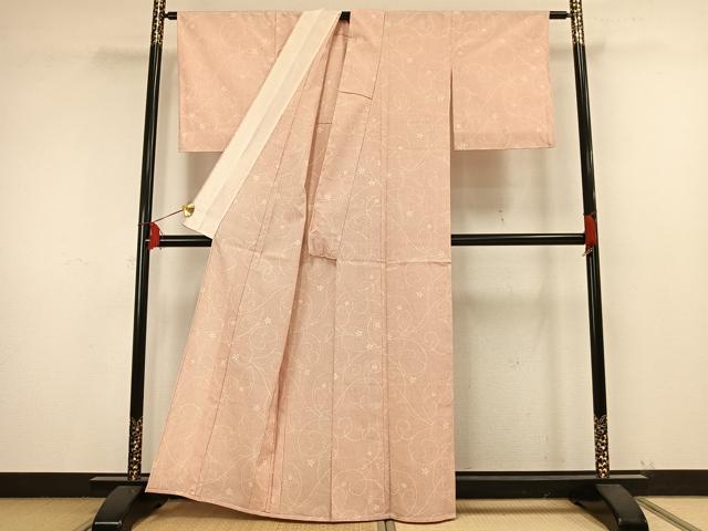 平和屋着物▽お召　単衣　花唐草文　正絹　逸品　AAAW1622fy
