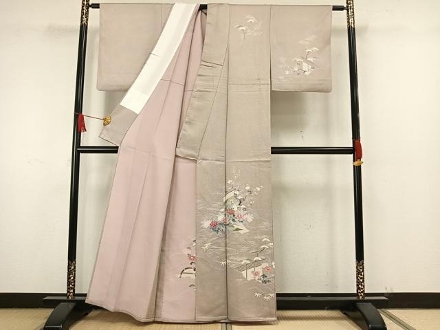 平和屋着物▽訪問着 単衣 風景草花文 金彩 正絹 逸品 AAAW1627fy