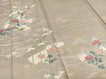 平和屋着物▽訪問着 単衣 風景草花文 金彩 正絹 逸品 AAAW1627fy