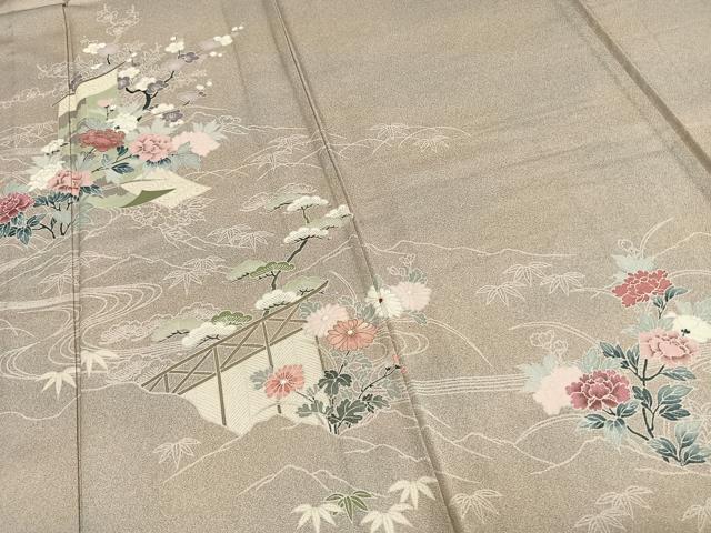 平和屋着物▽訪問着 単衣 風景草花文 金彩 正絹 逸品 AAAW1627fy