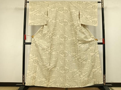 平和屋着物▽上質な紬 単衣 亀甲花文 正絹 逸品 AAAW1630fy