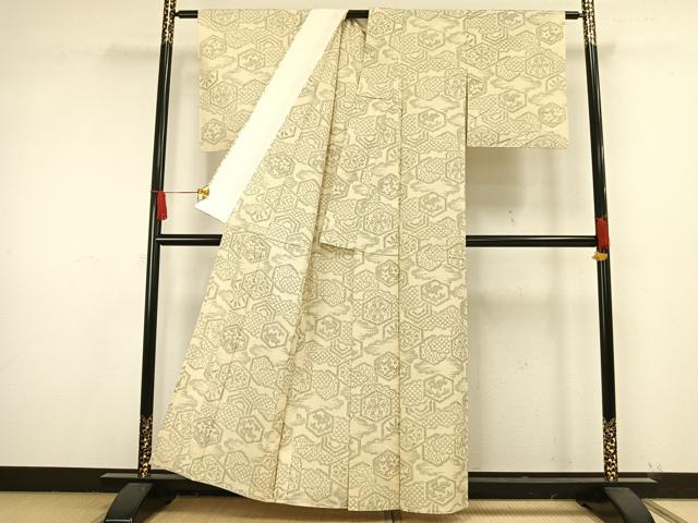 平和屋着物▽上質な紬 単衣 亀甲花文 正絹 逸品 AAAW1630fy