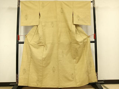 平和屋着物▽結城紬 単衣 80亀甲 幾何学文様 正絹 逸品 AAAW1636fy