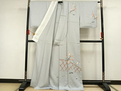 平和屋着物▽訪問着　単衣　刺繍　風景枝花文　金彩　正絹　逸品　未使用　AAAW1667fy