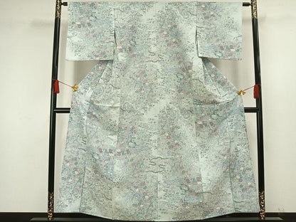 平和屋着物▽小紋 単衣 御所車草花文 洗える着物 AAAW1668fy