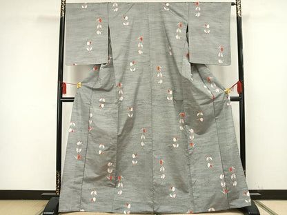 平和屋着物▽上質な紬 単衣 舞蝶文 正絹 逸品 AAAW1674fy