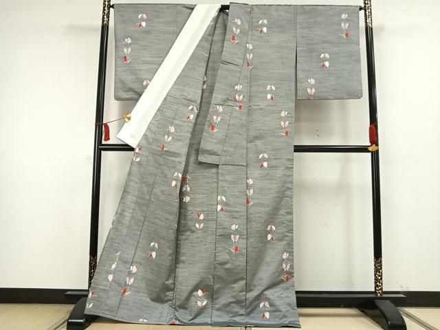 平和屋着物▽上質な紬 単衣 舞蝶文 正絹 逸品 AAAW1674fy