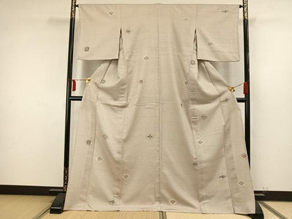 平和屋着物▽お召 単衣 紬地 絞り 幾何学文様 ロング丈 正絹 逸品 AAAW1702fy