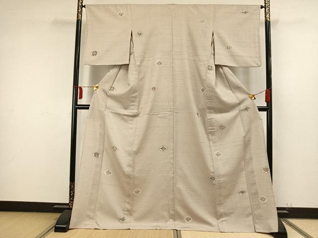 平和屋着物▽お召 単衣 紬地 絞り 幾何学文様 ロング丈 正絹 逸品 AAAW1702fy
