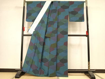 平和屋着物▽小紋 単衣 切り嵌め文 洗える着物 AAAW1723fy