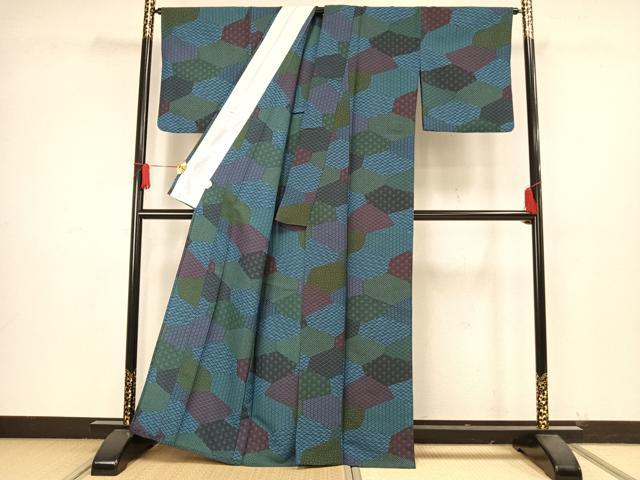 平和屋着物▽小紋 単衣 切り嵌め文 洗える着物 AAAW1723fy