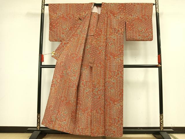 平和屋着物▽小紋　単衣　更紗花文　洗える着物　AAAW1734fy