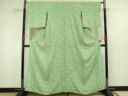 平和屋着物▽上質な小紋 単衣 型染め 花鳥文 鬼しぼ縮緬 正絹 逸品 AAAW1742fy